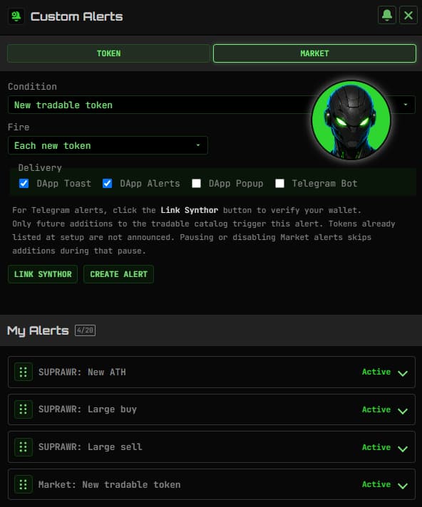 Synthwav Custom Alerts setup with delivery options and saved token alerts